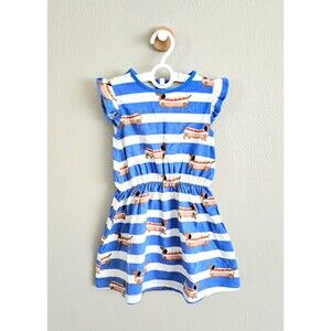 NWOT Mini Boden Girls Frill Sleeve Jersey Dress Surf Blue Hot Dog Stripe